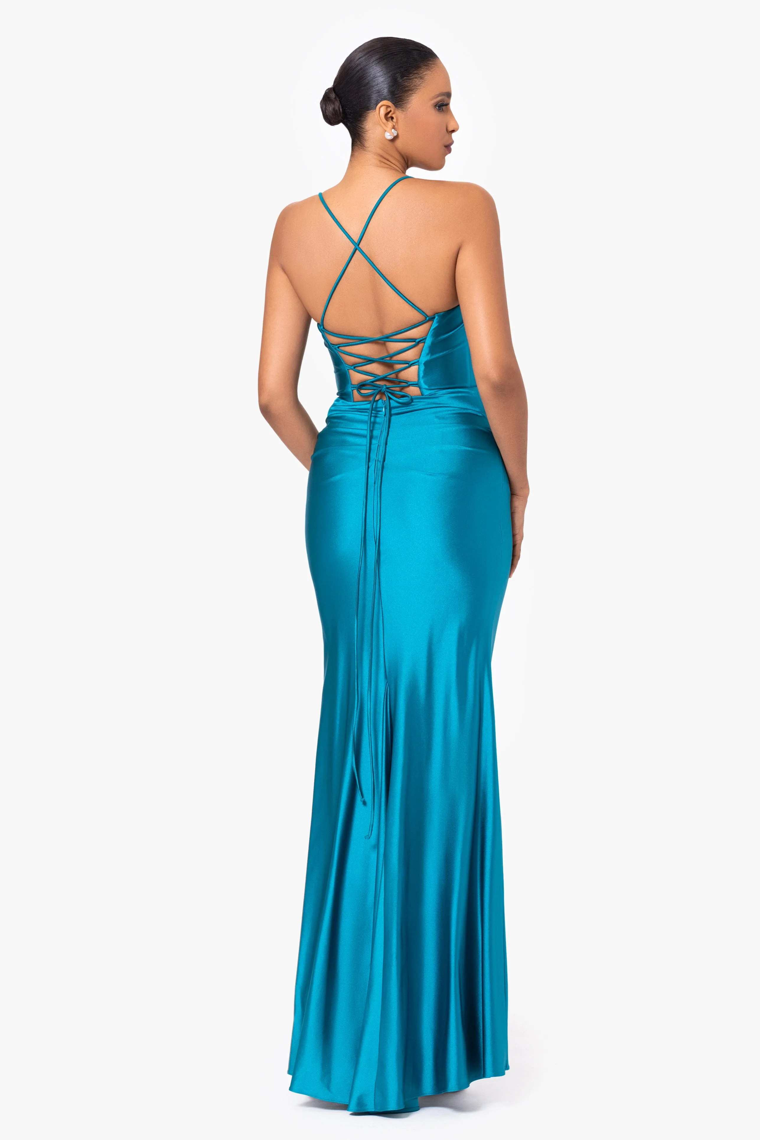 Long Sateen Corset Dress with Lace-Up Back by Talia