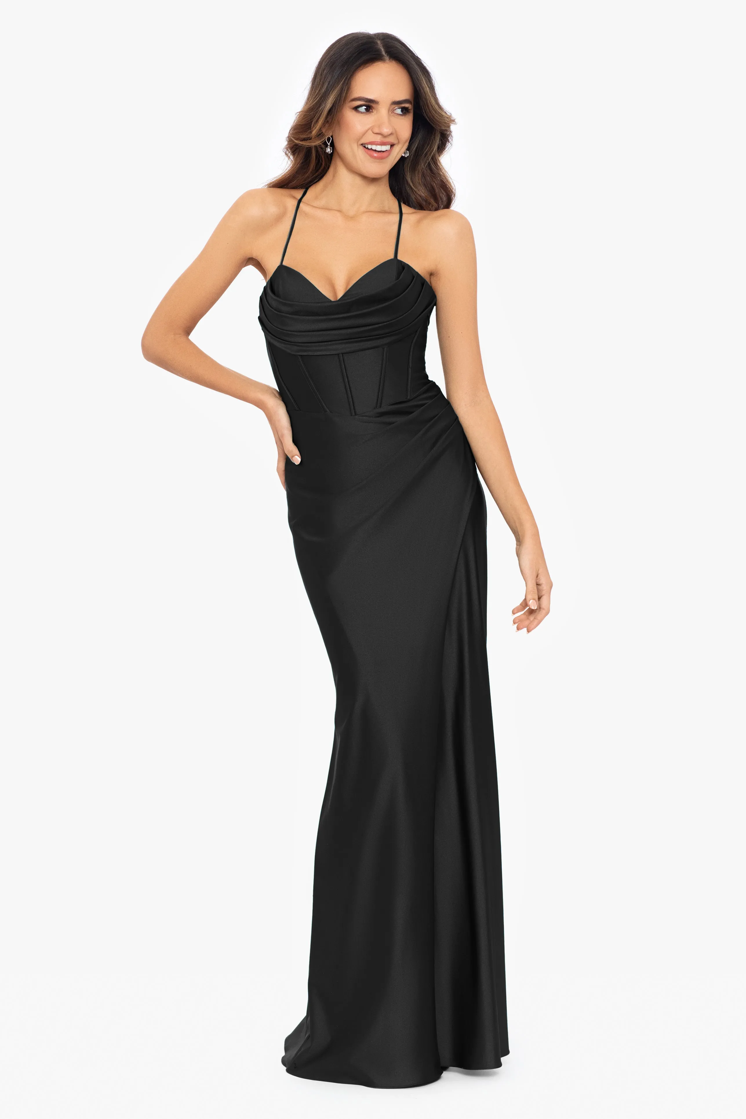 Long Sateen Corset Dress with Lace-Up Back by Talia