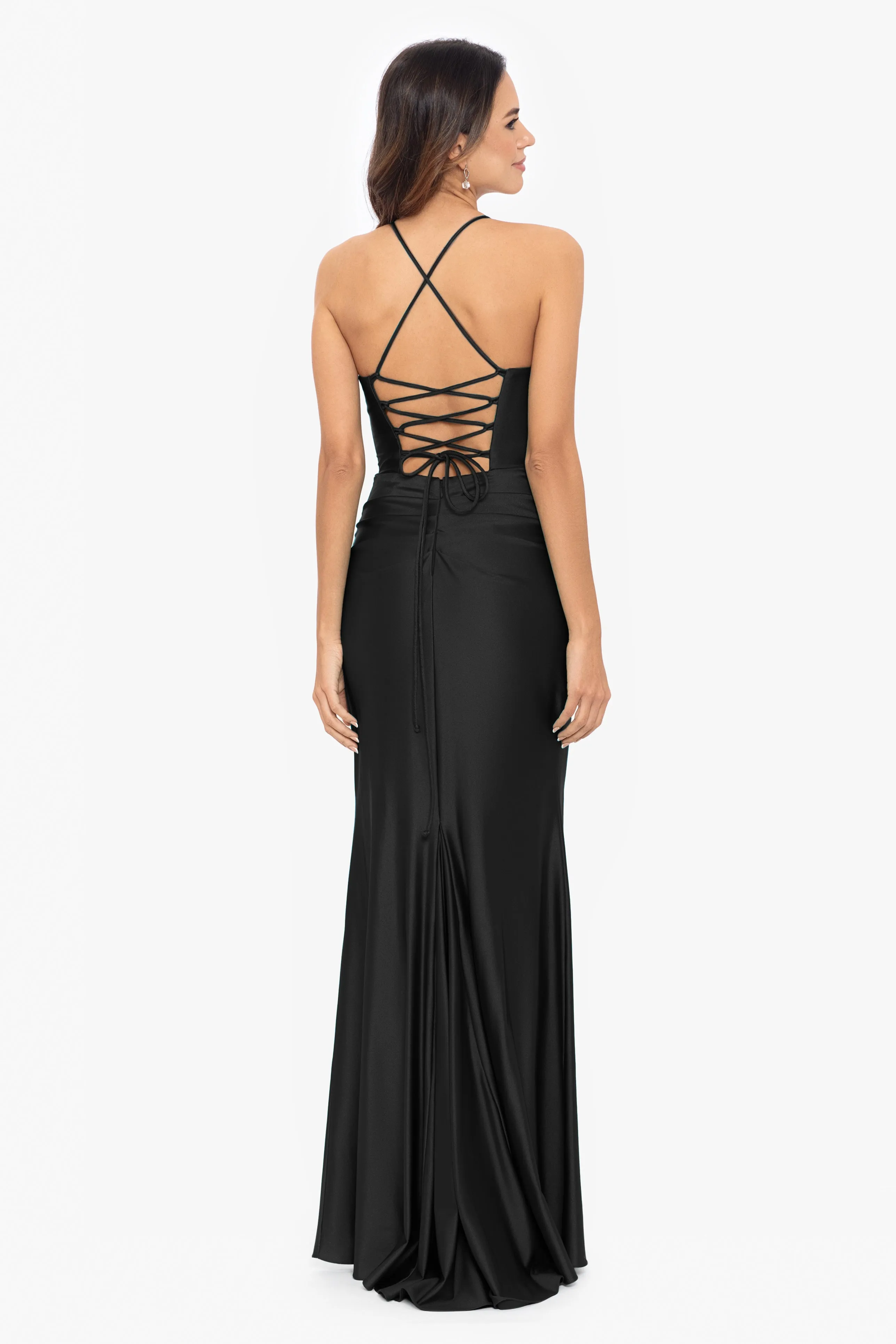 Long Sateen Corset Dress with Lace-Up Back by Talia