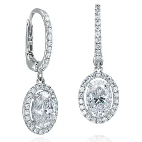 18K White Gold Oval Diamond Halo Huggy Drop Earrings