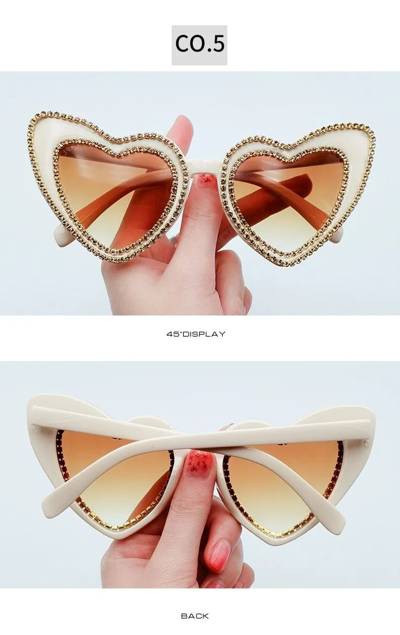 Luxury Diamond Crystals Heart-Shaped Cat Eye Sunglasses for Women