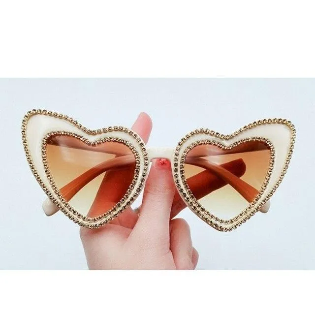 Luxury Diamond Crystals Heart-Shaped Cat Eye Sunglasses for Women