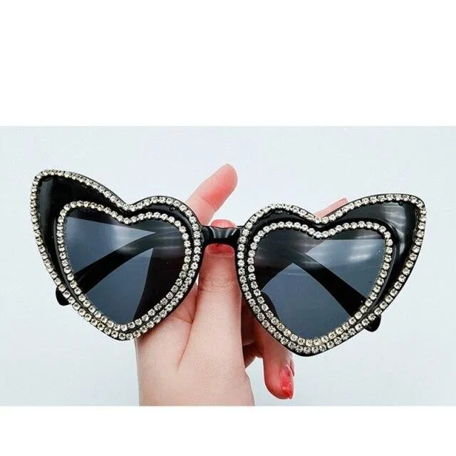 Luxury Diamond Crystals Heart-Shaped Cat Eye Sunglasses for Women