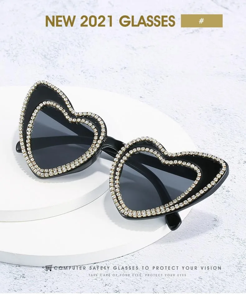 Luxury Diamond Crystals Heart-Shaped Cat Eye Sunglasses for Women