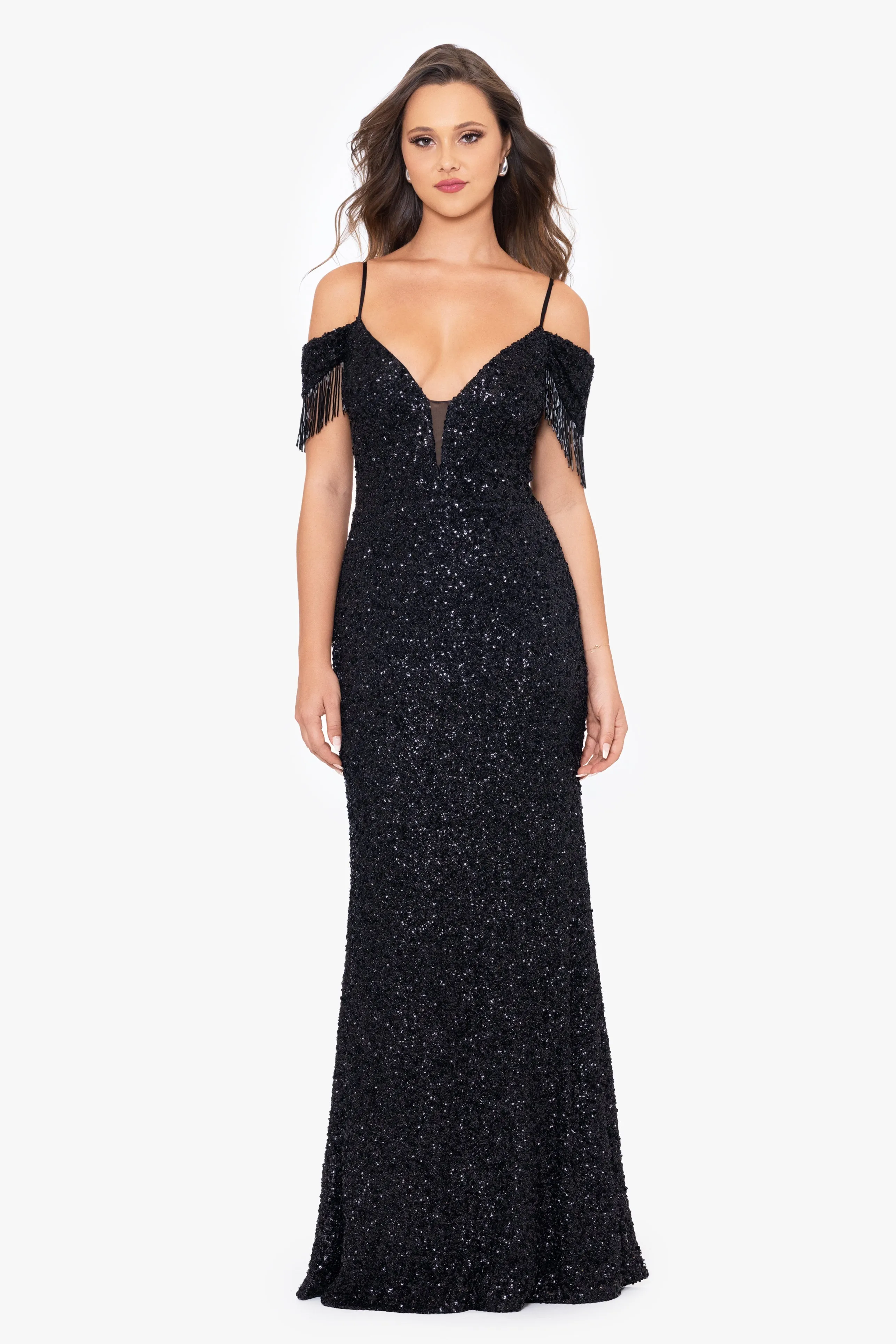 Marina Long Dress with Sequin and Off the Shoulder Tieback Fringe