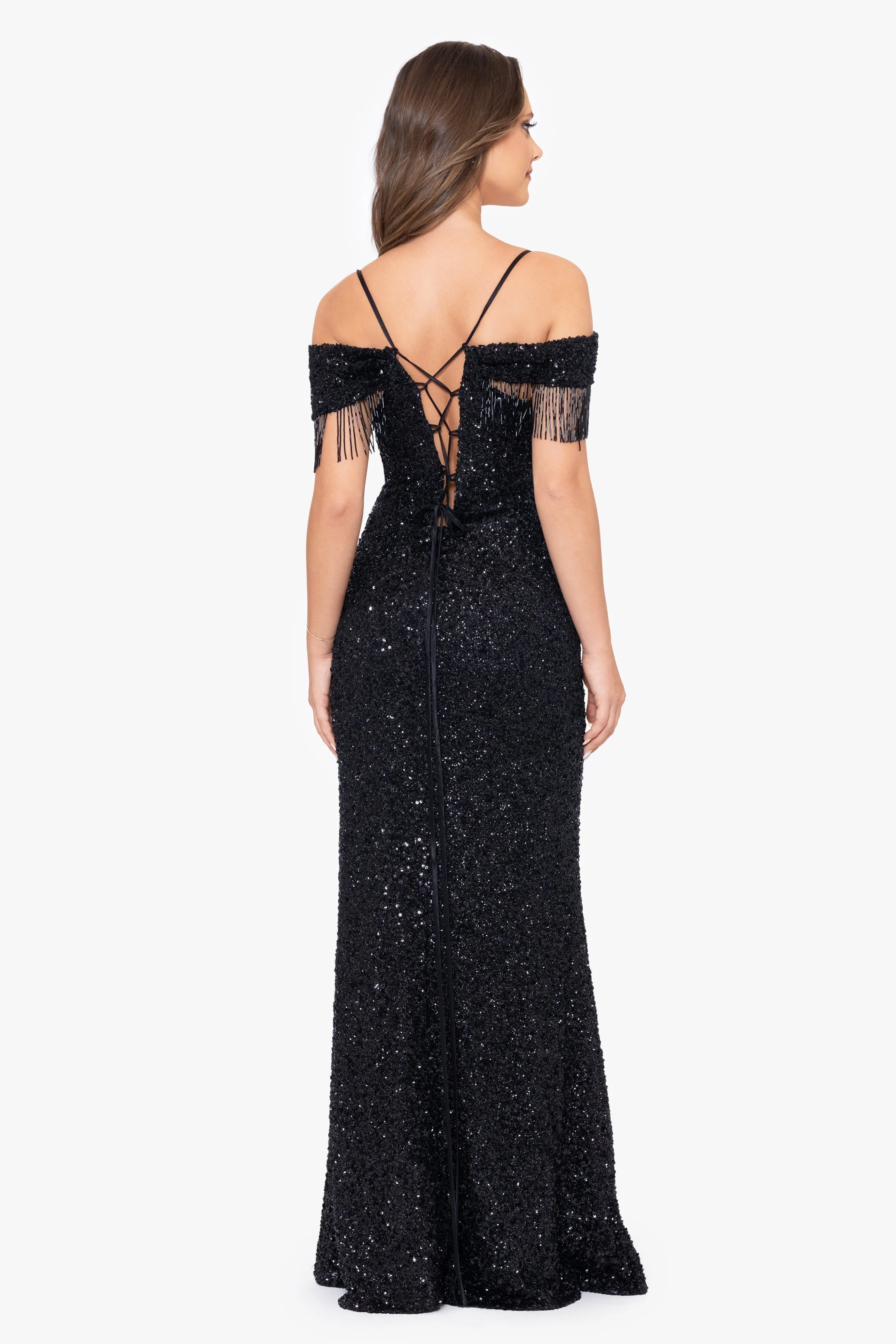 Marina Long Dress with Sequin and Off the Shoulder Tieback Fringe