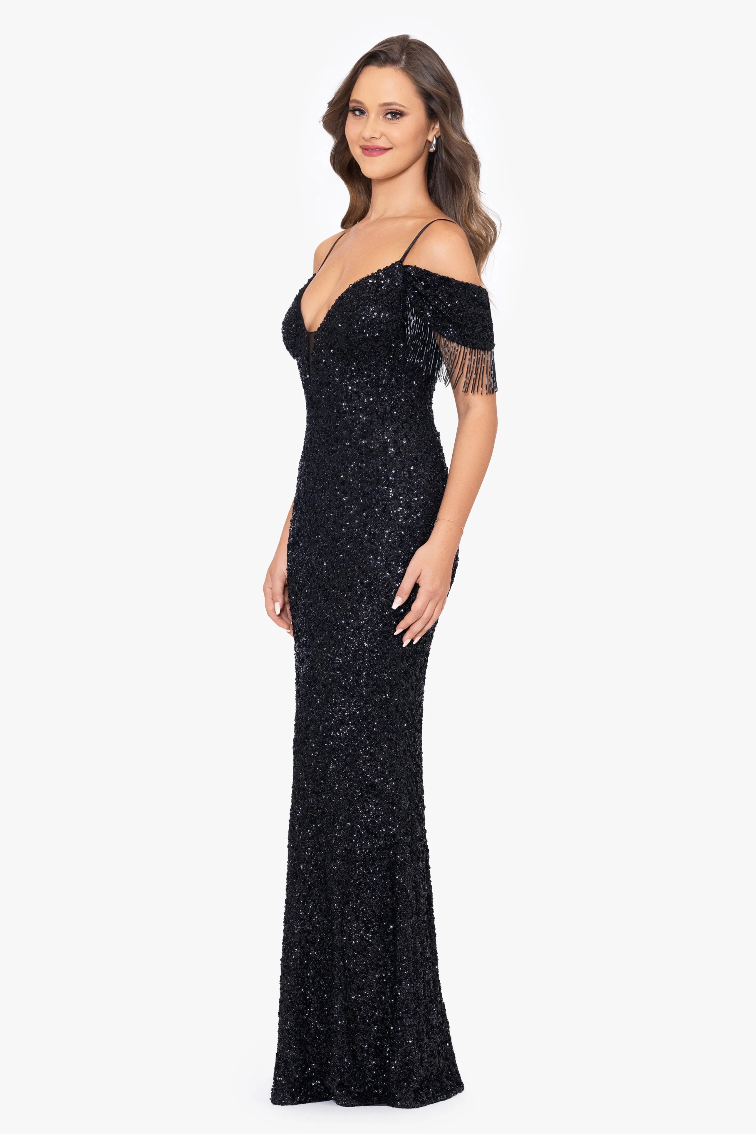 Marina Long Dress with Sequin and Off the Shoulder Tieback Fringe