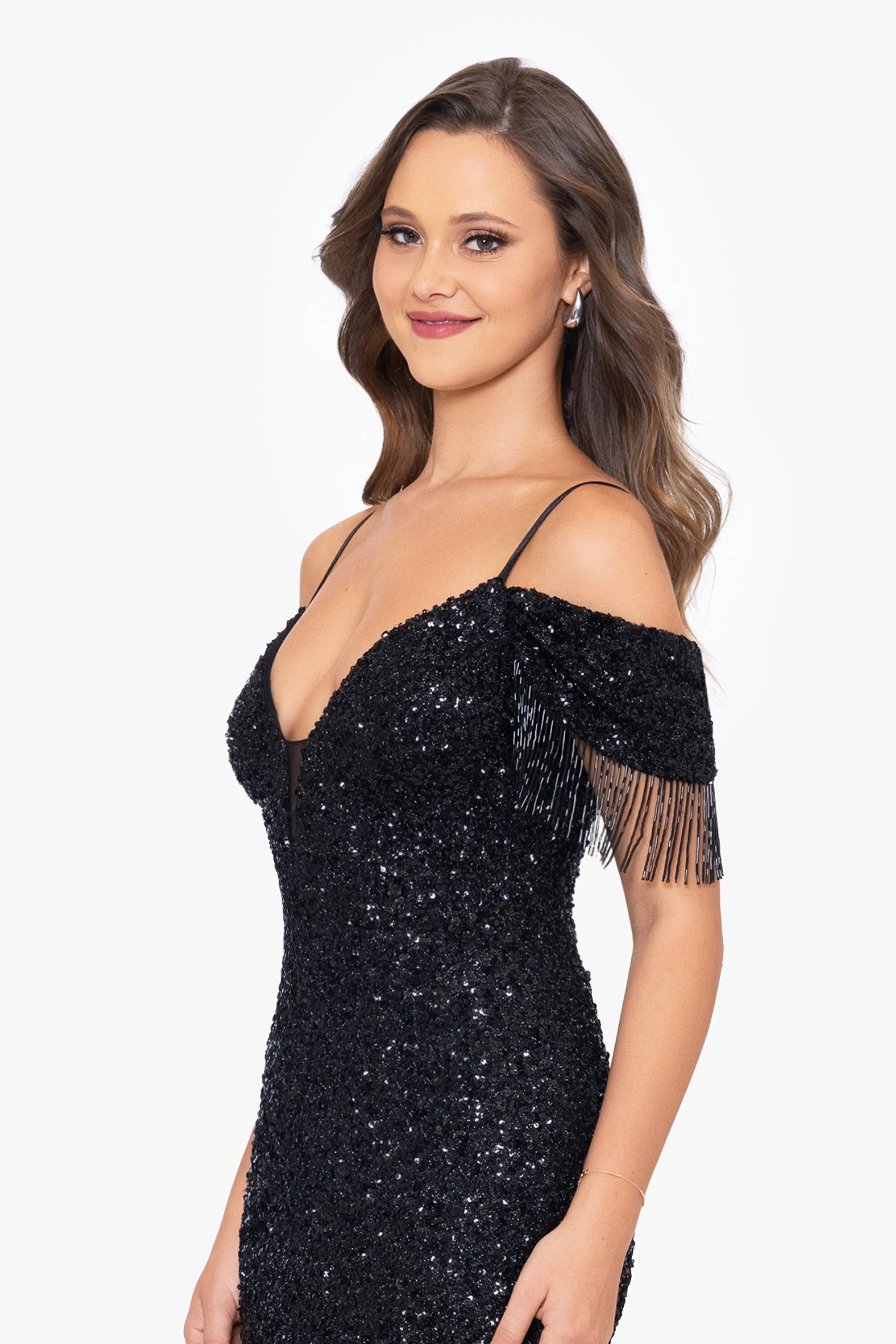 Marina Long Dress with Sequin and Off the Shoulder Tieback Fringe