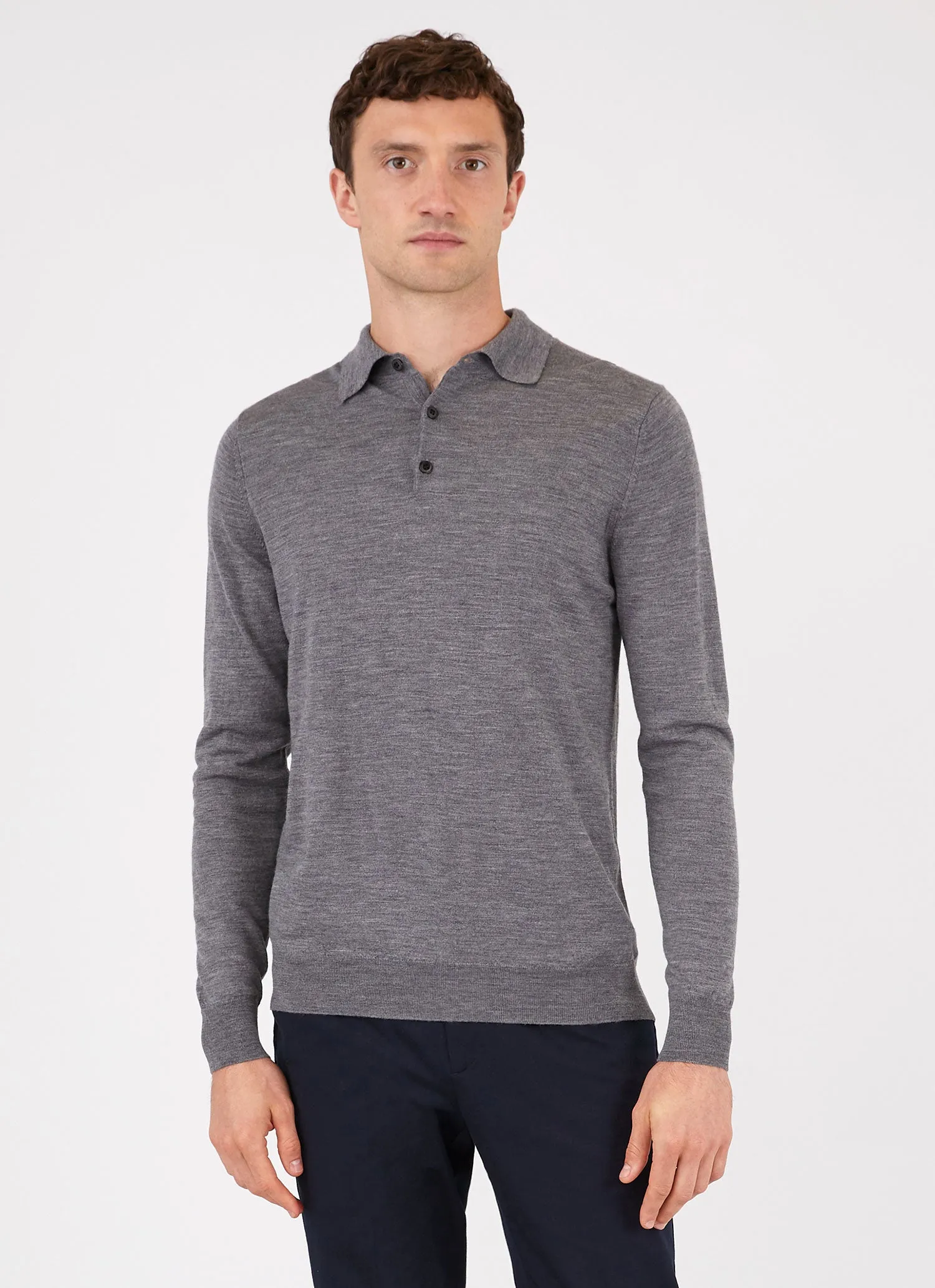 Extra-Fine Merino Polo Shirt in Mid Grey Melange