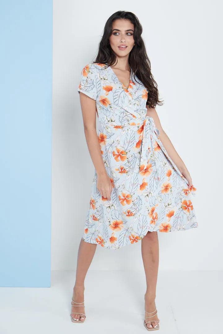 Blue Floral Print Midi Wrap Dress by Lilura London