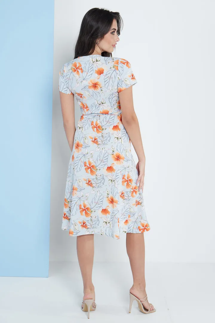 Blue Floral Print Midi Wrap Dress by Lilura London