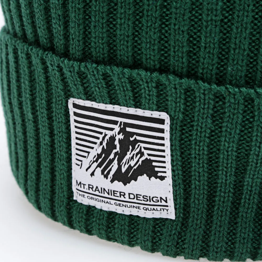 Mt. Rainier Design Knitted Ribbed Cuff Beanie in Dark Green