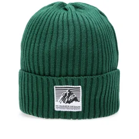 Mt. Rainier Design Knitted Ribbed Cuff Beanie in Dark Green