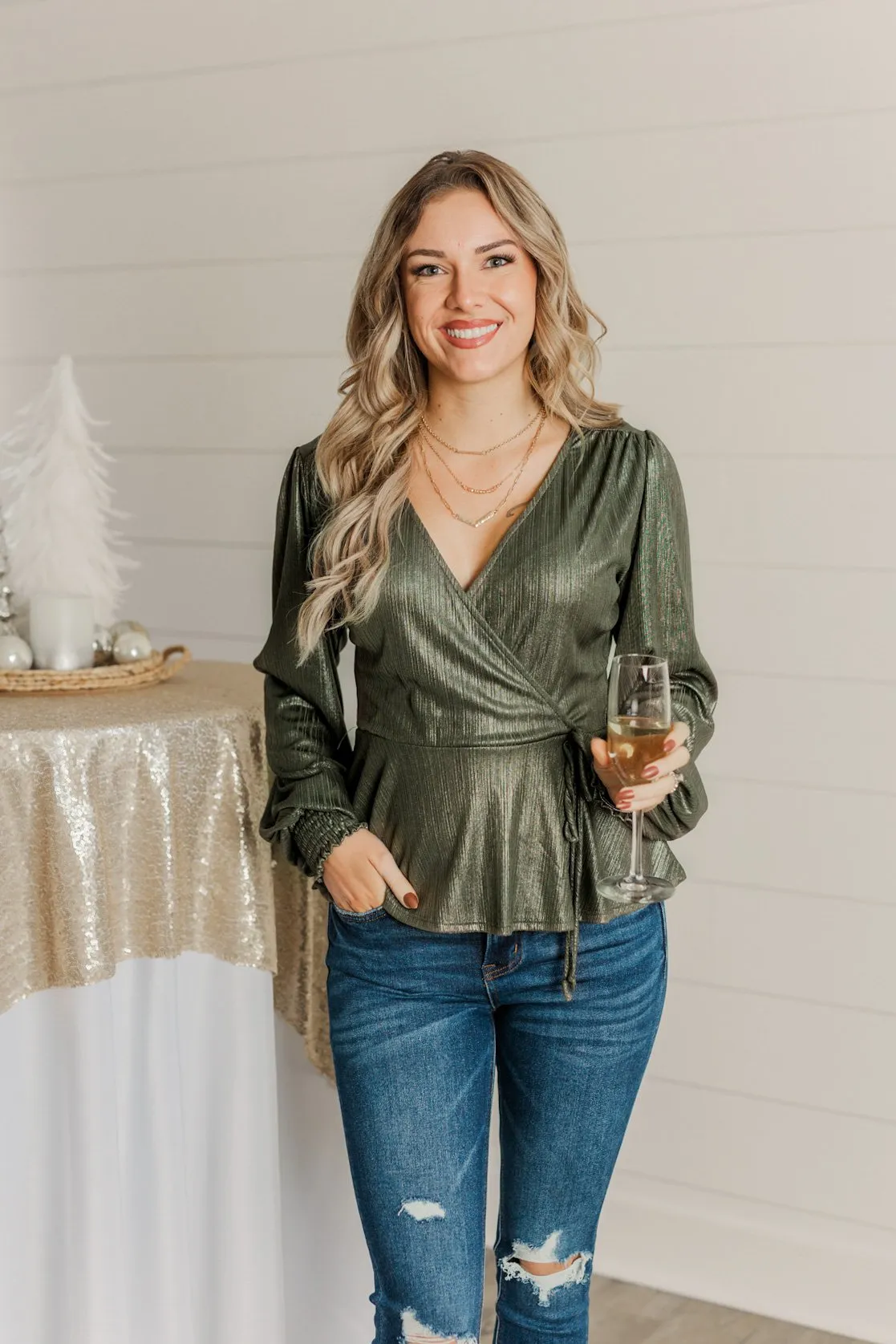 Sparkling Olive V-Neck Top