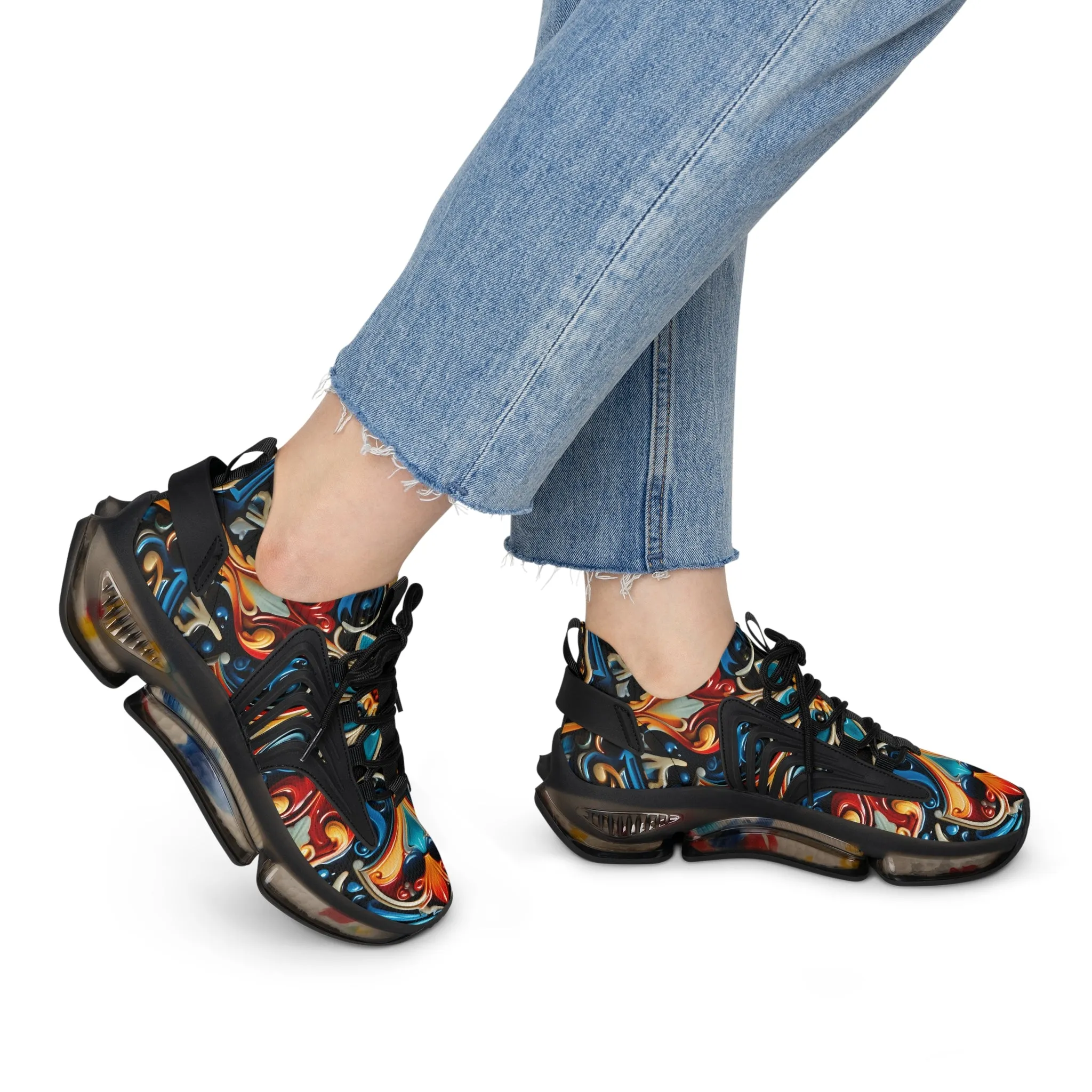 Red Brown Blue Floral Pattern Women's Mesh Sneakers GB-000029