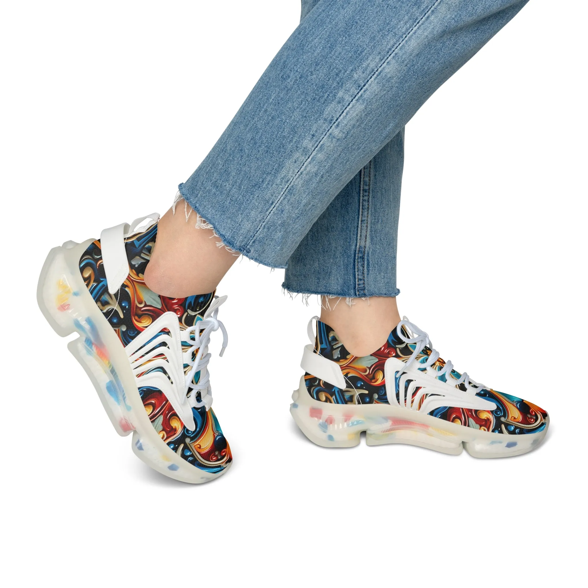 Red Brown Blue Floral Pattern Women's Mesh Sneakers GB-000029