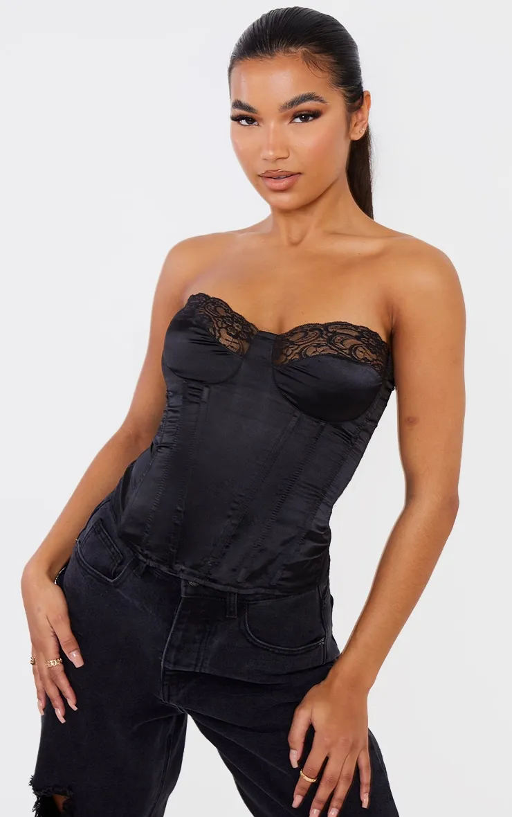 Black Satin Corset with Lace Trim