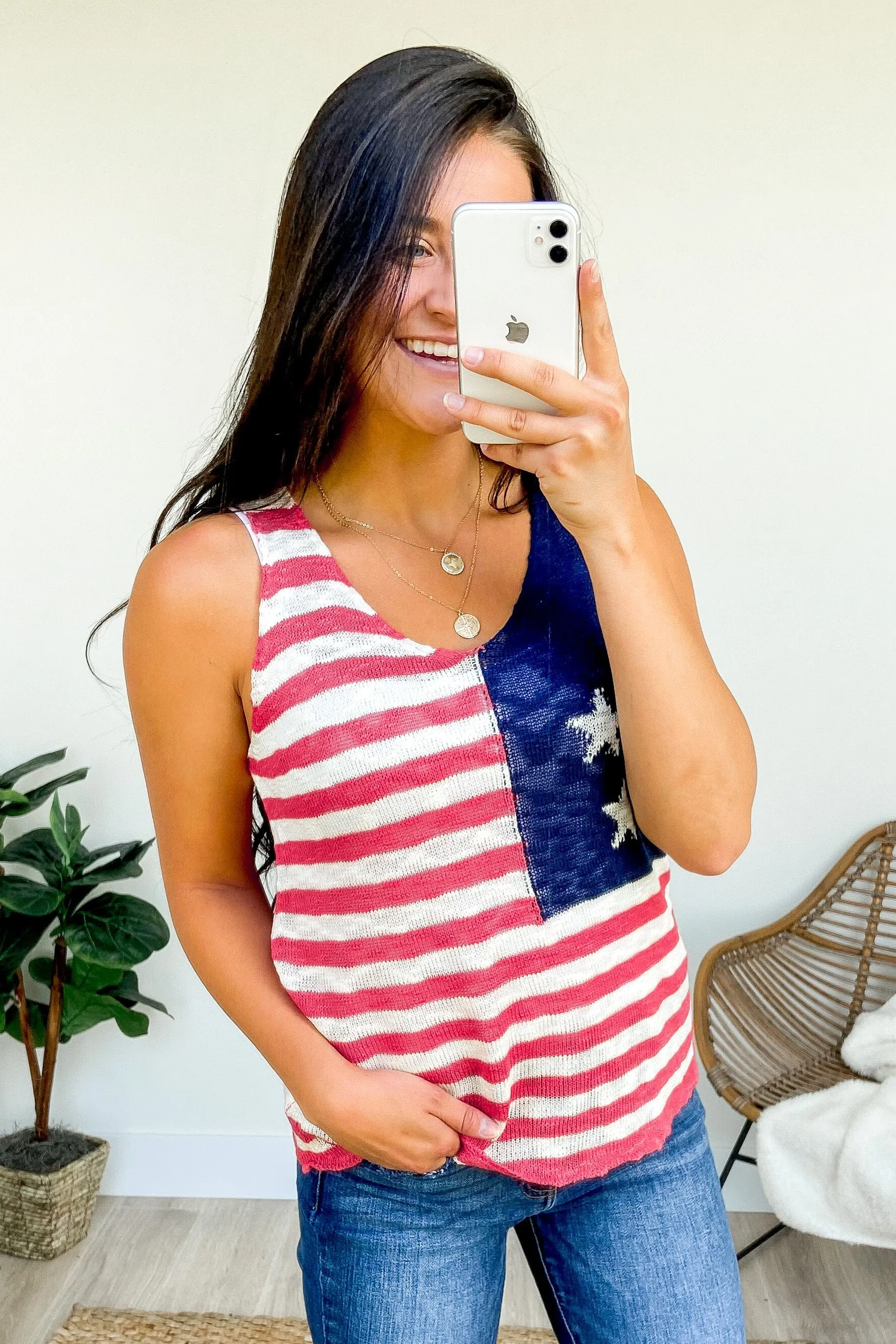 Stars & Stripes Knitted Tank Top Red Ivory Navy