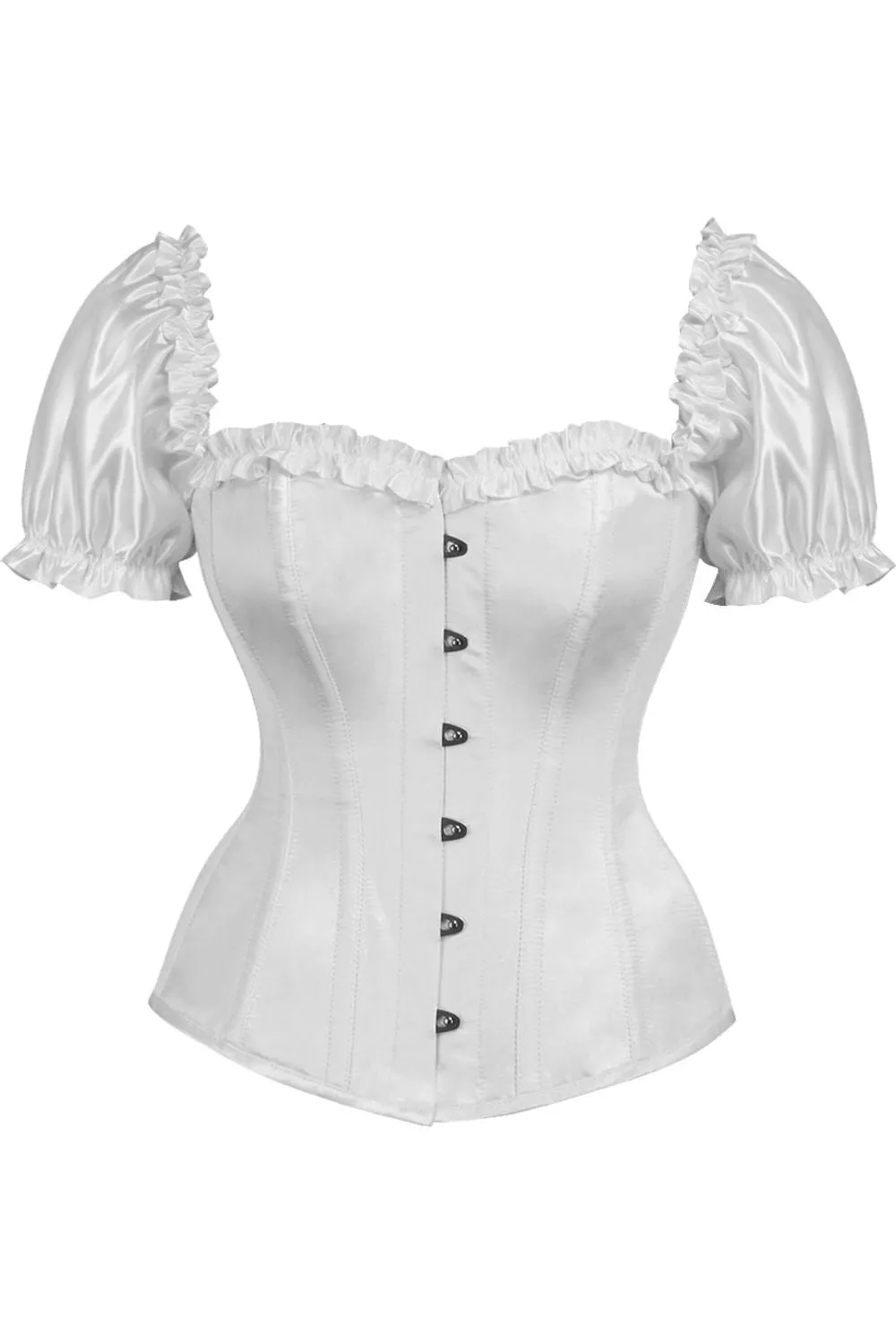 Steel Boned Overbust Corset with Sleeves in White Satin from Top Drawer