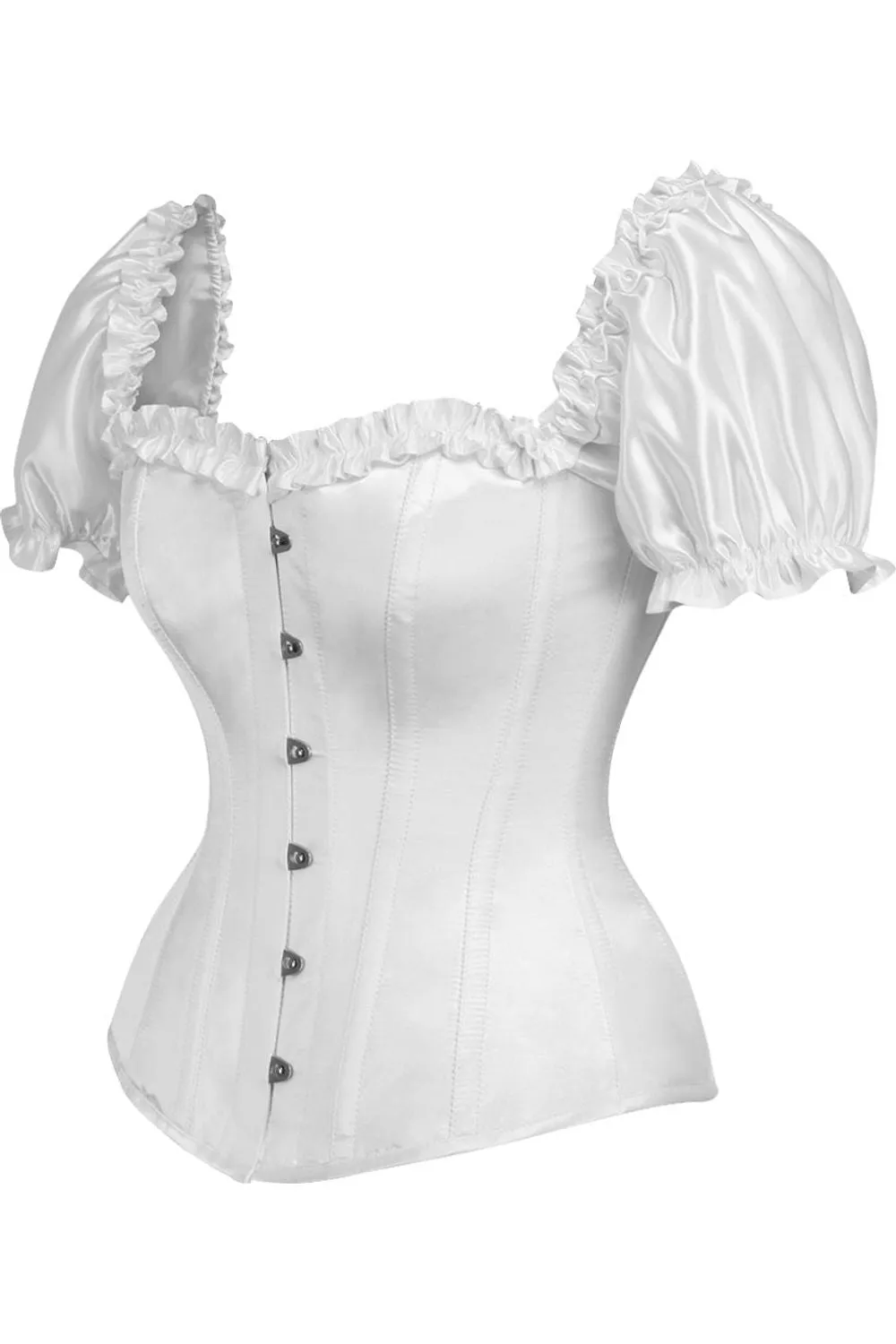 Steel Boned Overbust Corset with Sleeves in White Satin from Top Drawer