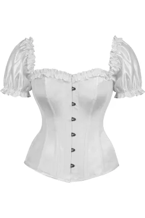 Steel Boned Overbust Corset with Sleeves in White Satin from Top Drawer