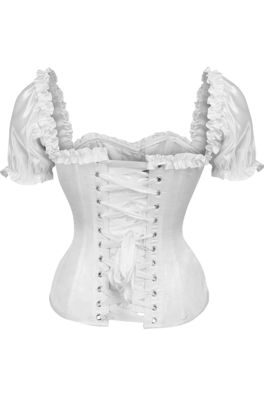 Steel Boned Overbust Corset with Sleeves in White Satin from Top Drawer