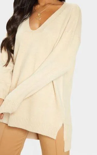 Comfortable Stone V Neck Knit Sweater