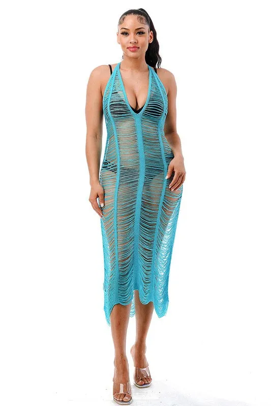 Tie Halter Cover Up Dress with Fringe Detail Mid-Length