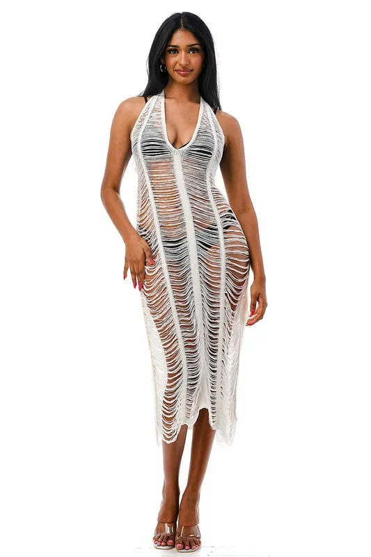 Tie Halter Cover Up Dress with Fringe Detail Mid-Length