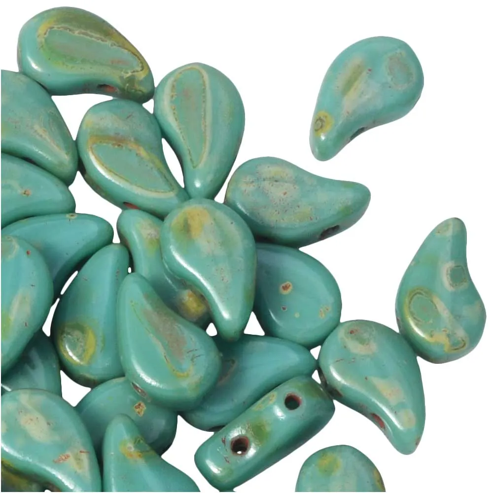 Turquoise Green Travertine Czech Glass 2-Hole Paisley Duo Beads, 8x5mm, 22g Tube