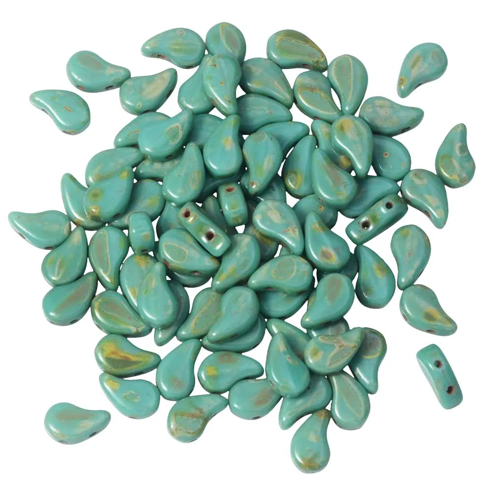 Turquoise Green Travertine Czech Glass 2-Hole Paisley Duo Beads, 8x5mm, 22g Tube