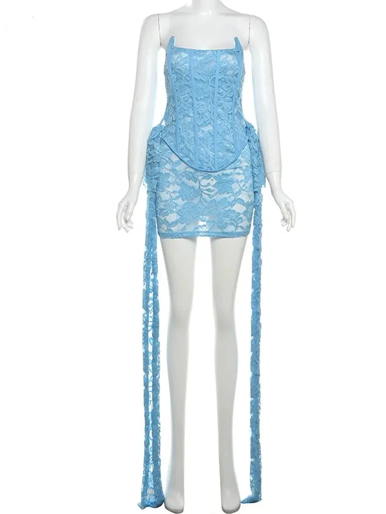 Turquoise Draped Lace Mini