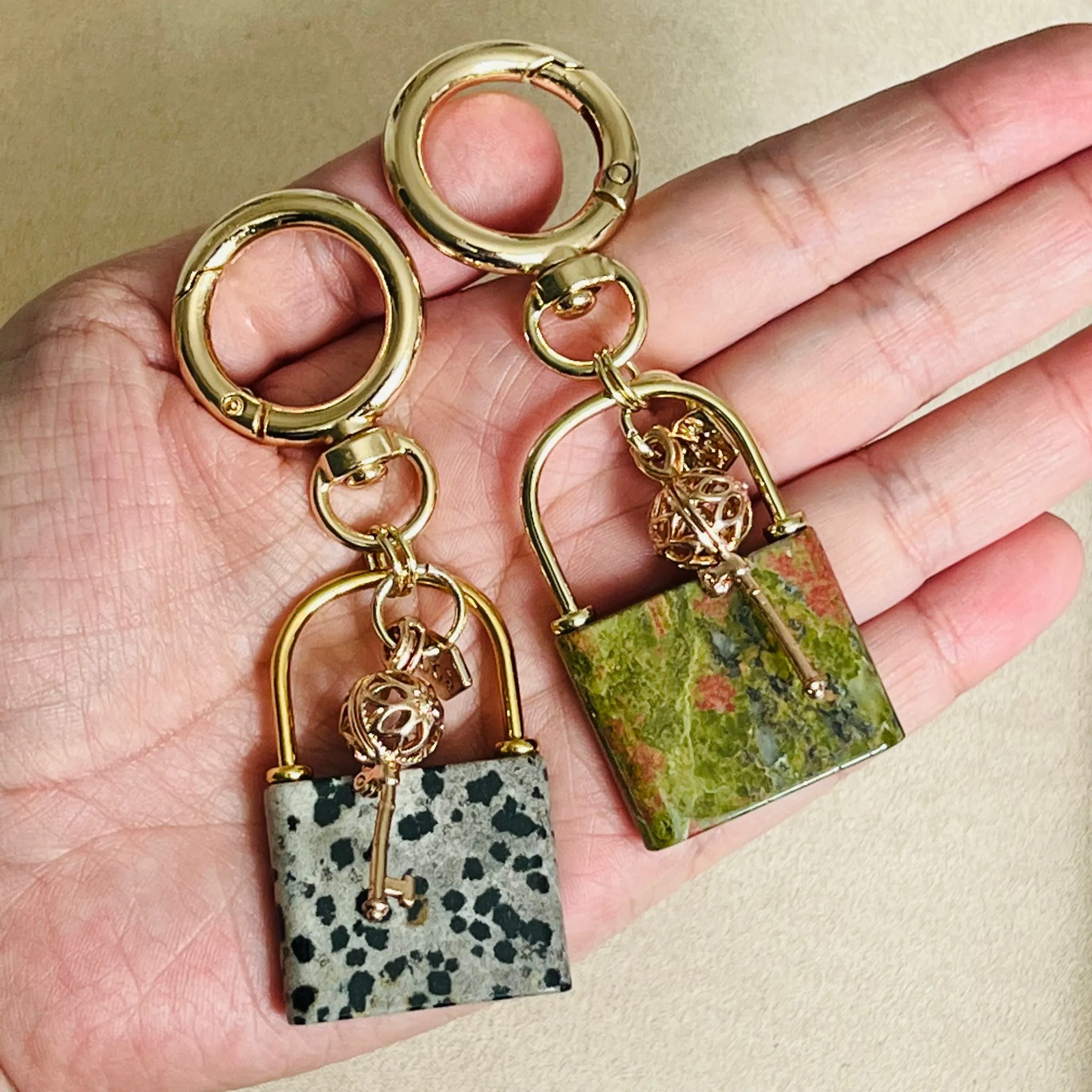 Lock & Key Bag Charm/Key Ring with Unakite