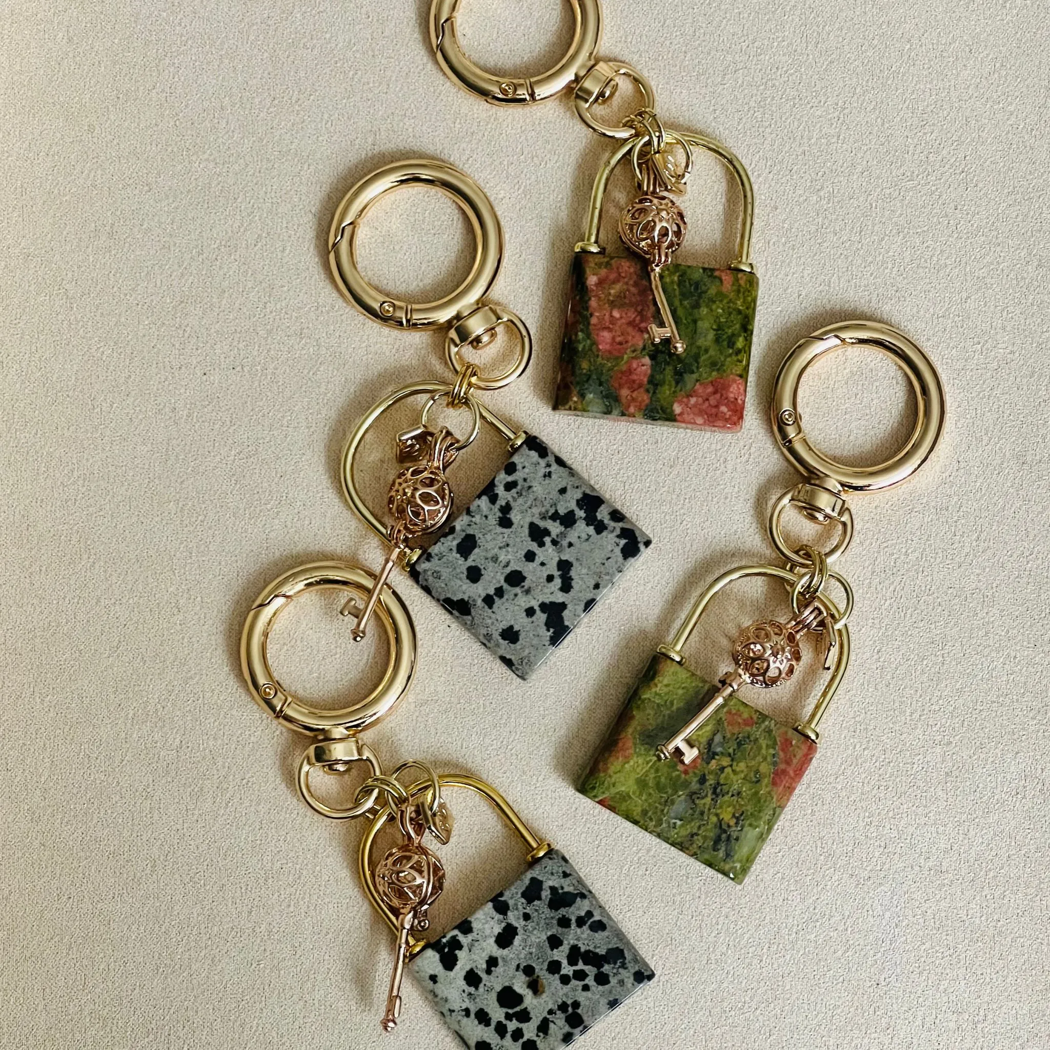 Lock & Key Bag Charm/Key Ring with Unakite