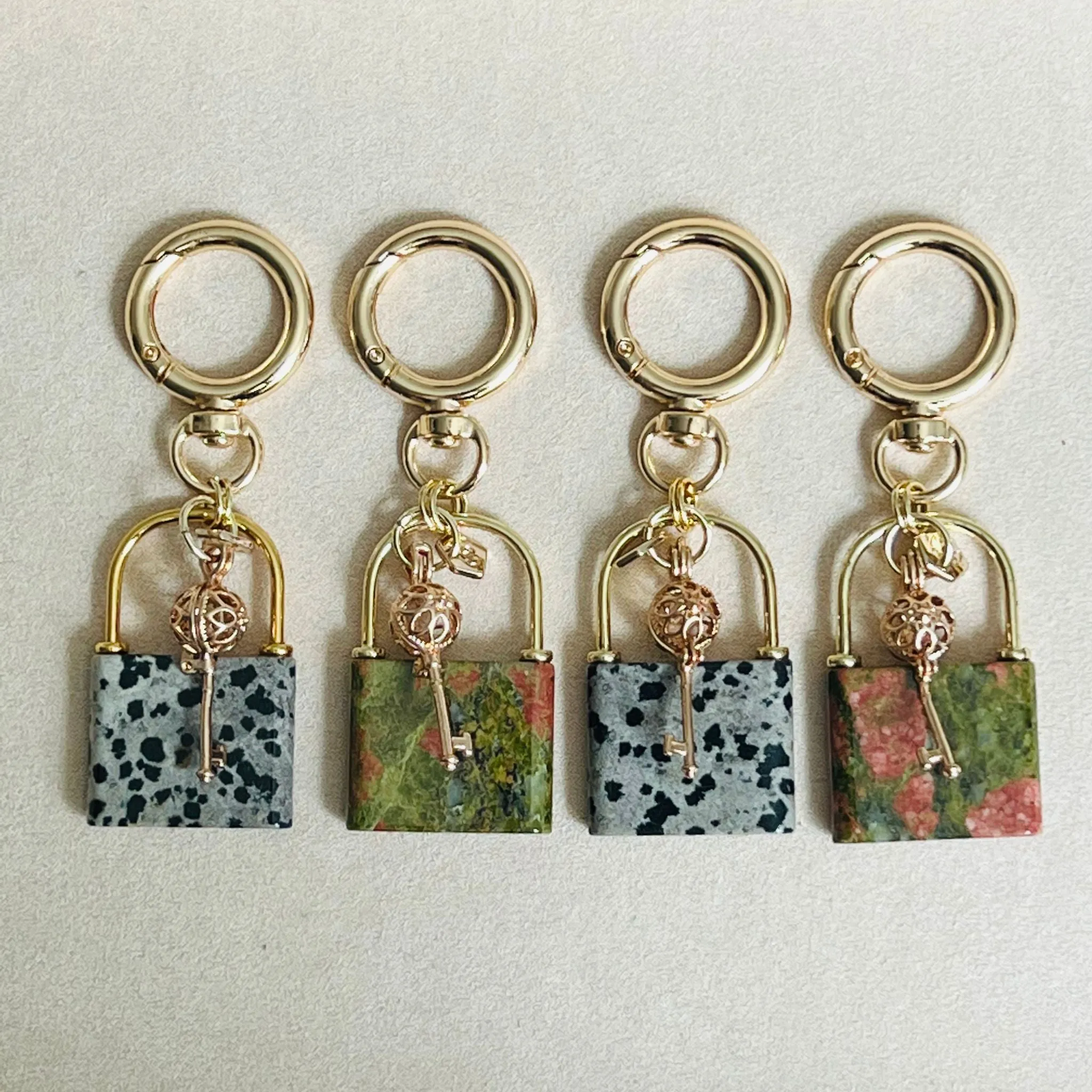 Lock & Key Bag Charm/Key Ring with Unakite