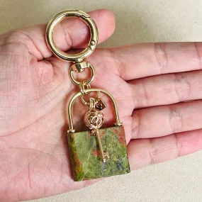 Lock & Key Bag Charm/Key Ring with Unakite