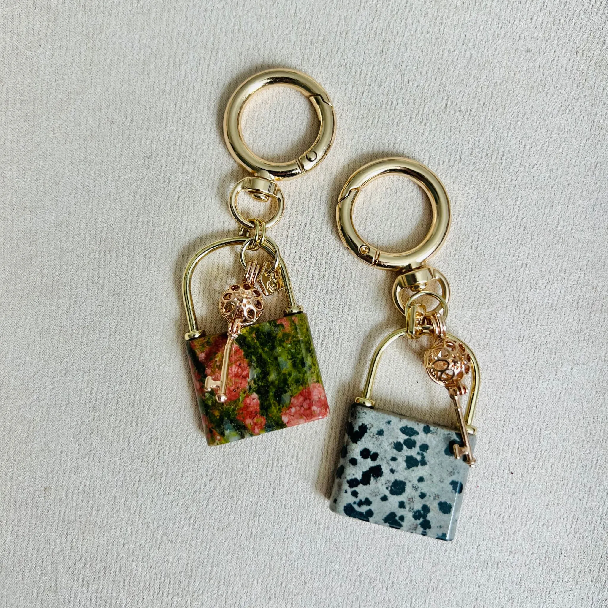 Lock & Key Bag Charm/Key Ring with Unakite