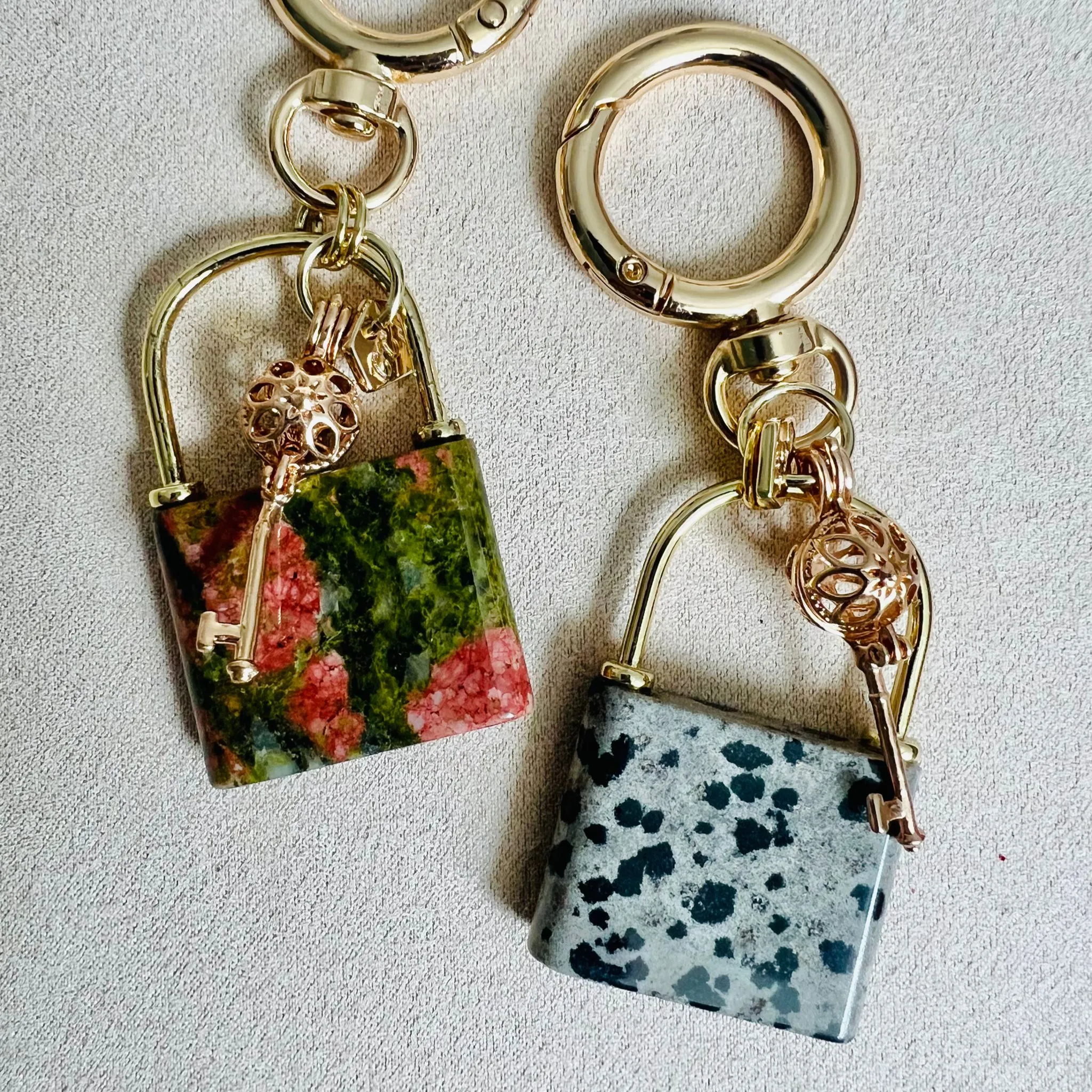 Lock & Key Bag Charm/Key Ring with Unakite