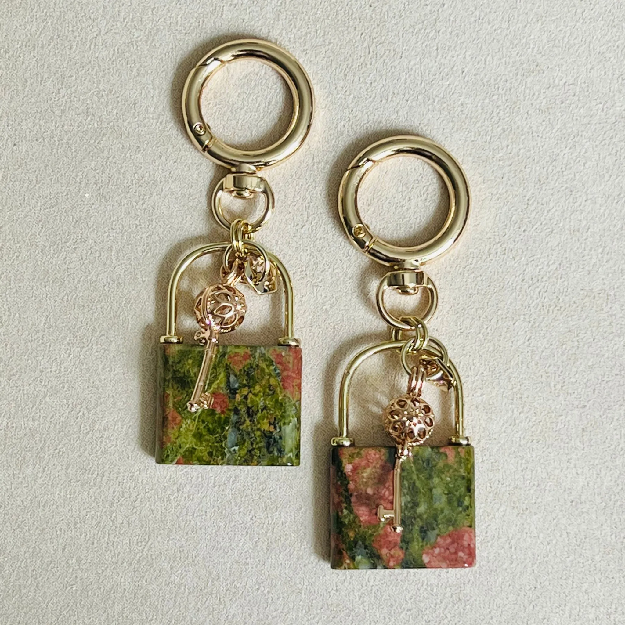 Lock & Key Bag Charm/Key Ring with Unakite