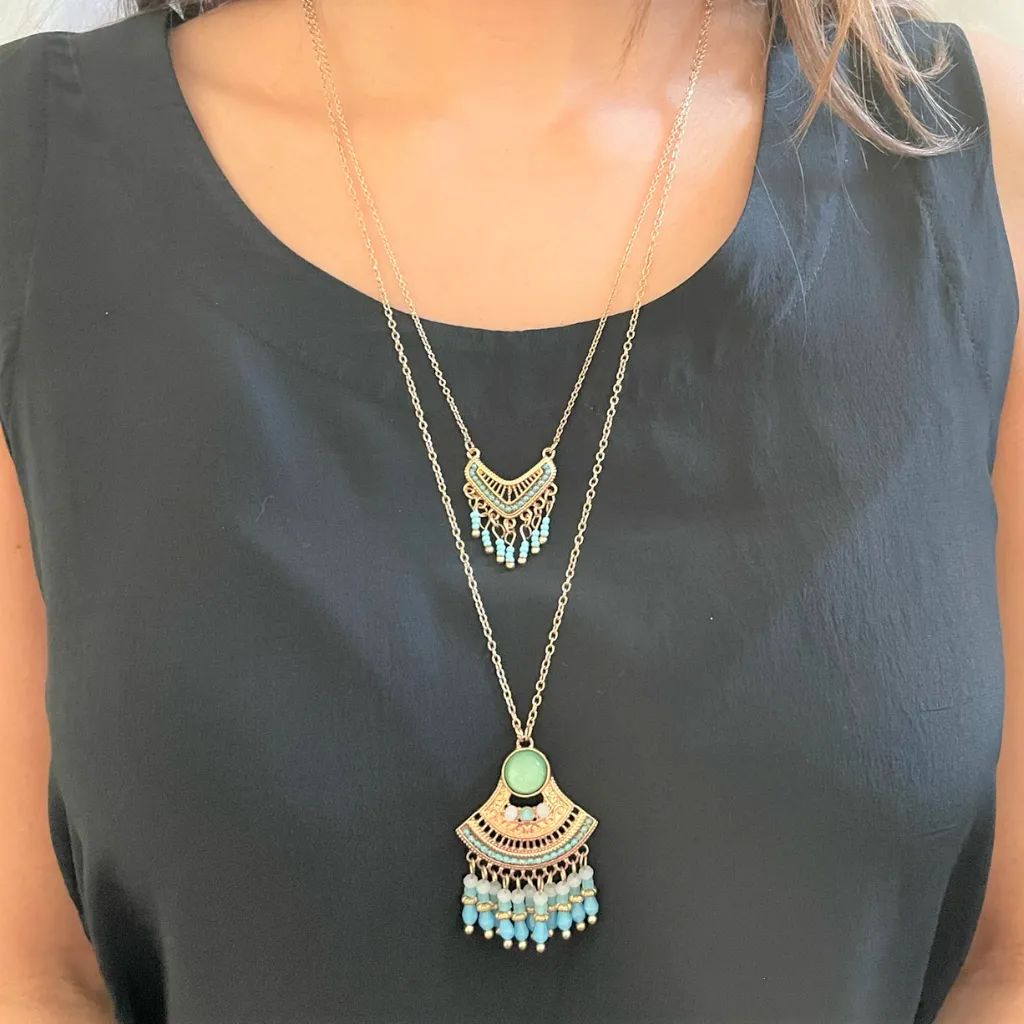 Bohemian Double Layered Fringe Necklace in Turquoise