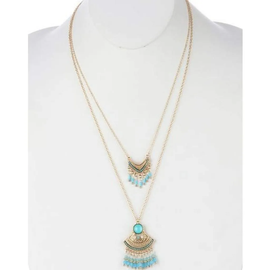 Bohemian Double Layered Fringe Necklace in Turquoise