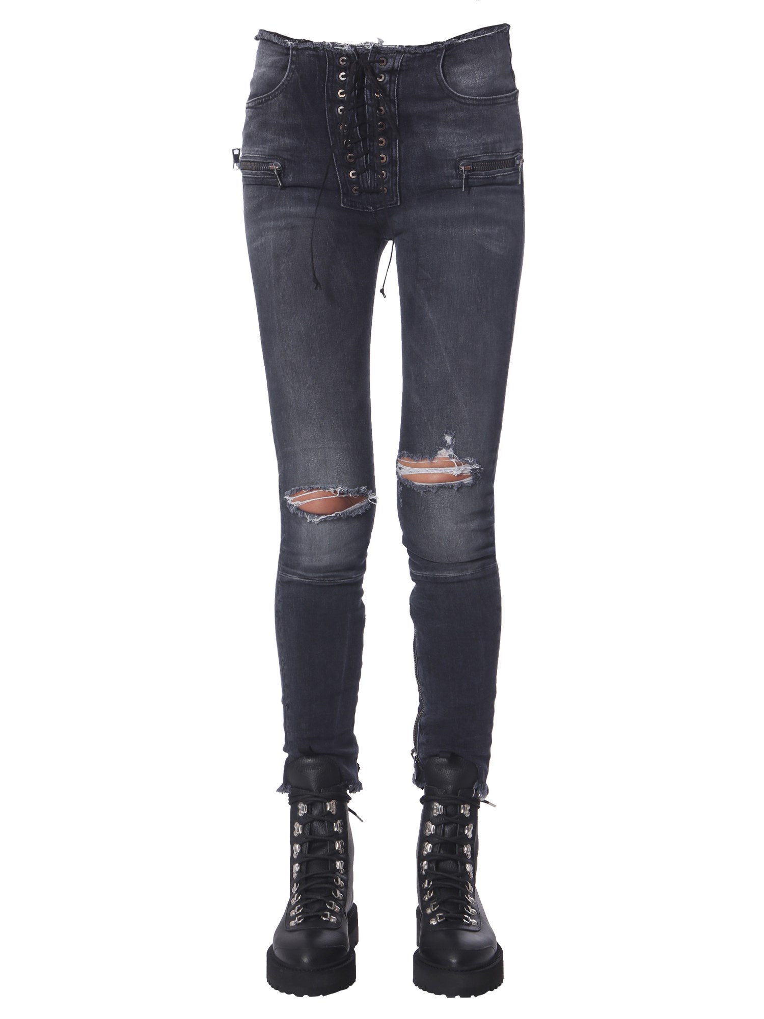 UNRAVEL Moonwash Skinny Fit Jeans with Lace Detail