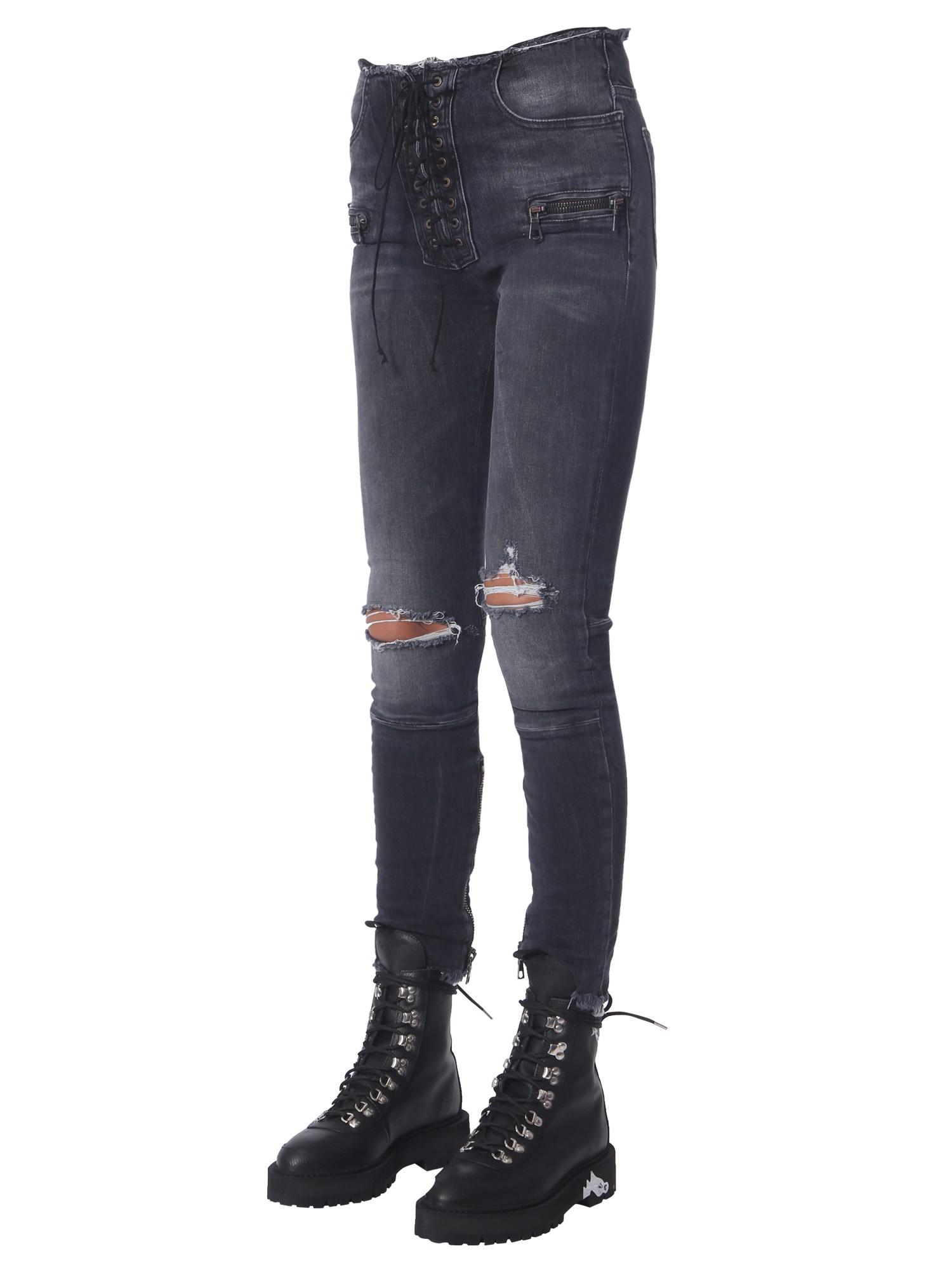 UNRAVEL Moonwash Skinny Fit Jeans with Lace Detail