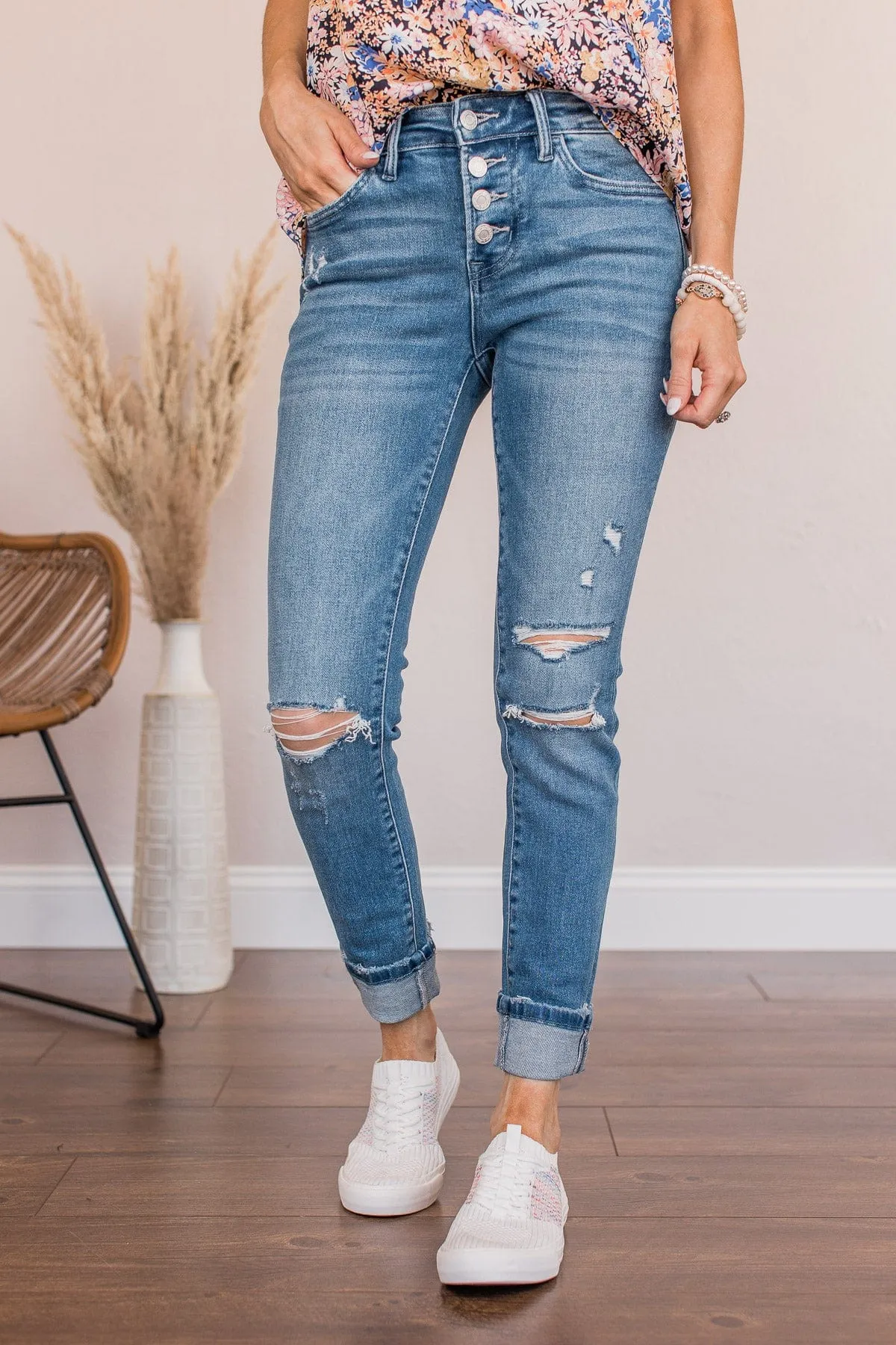 Mid-Rise Distressed Skinny Jeans