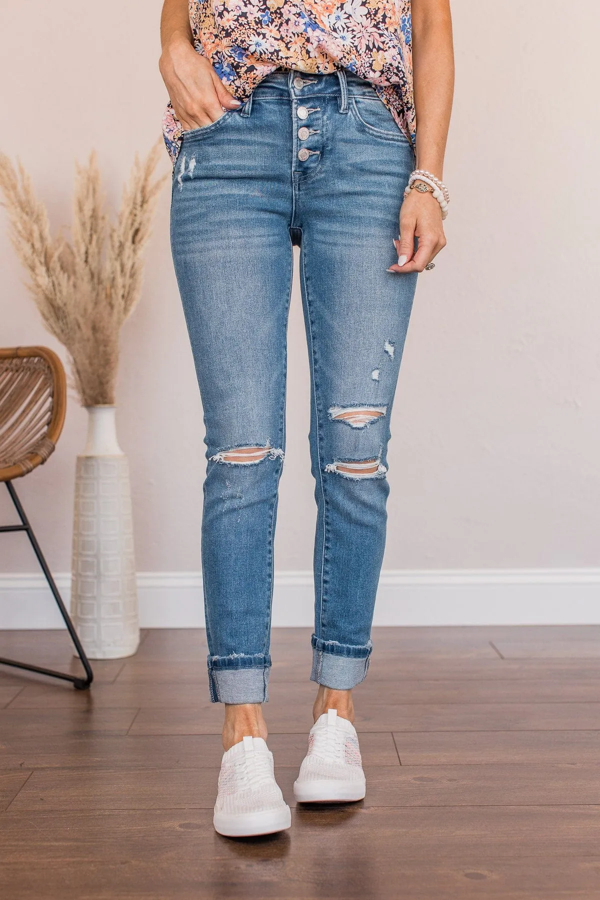 Mid-Rise Distressed Skinny Jeans