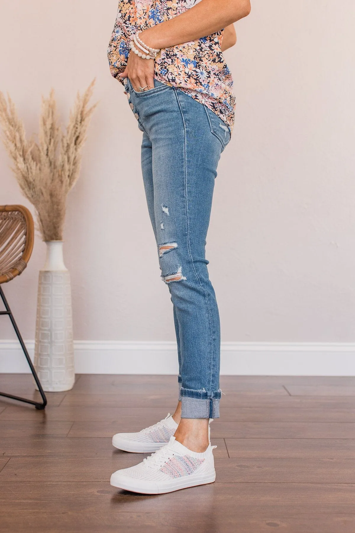 Mid-Rise Distressed Skinny Jeans