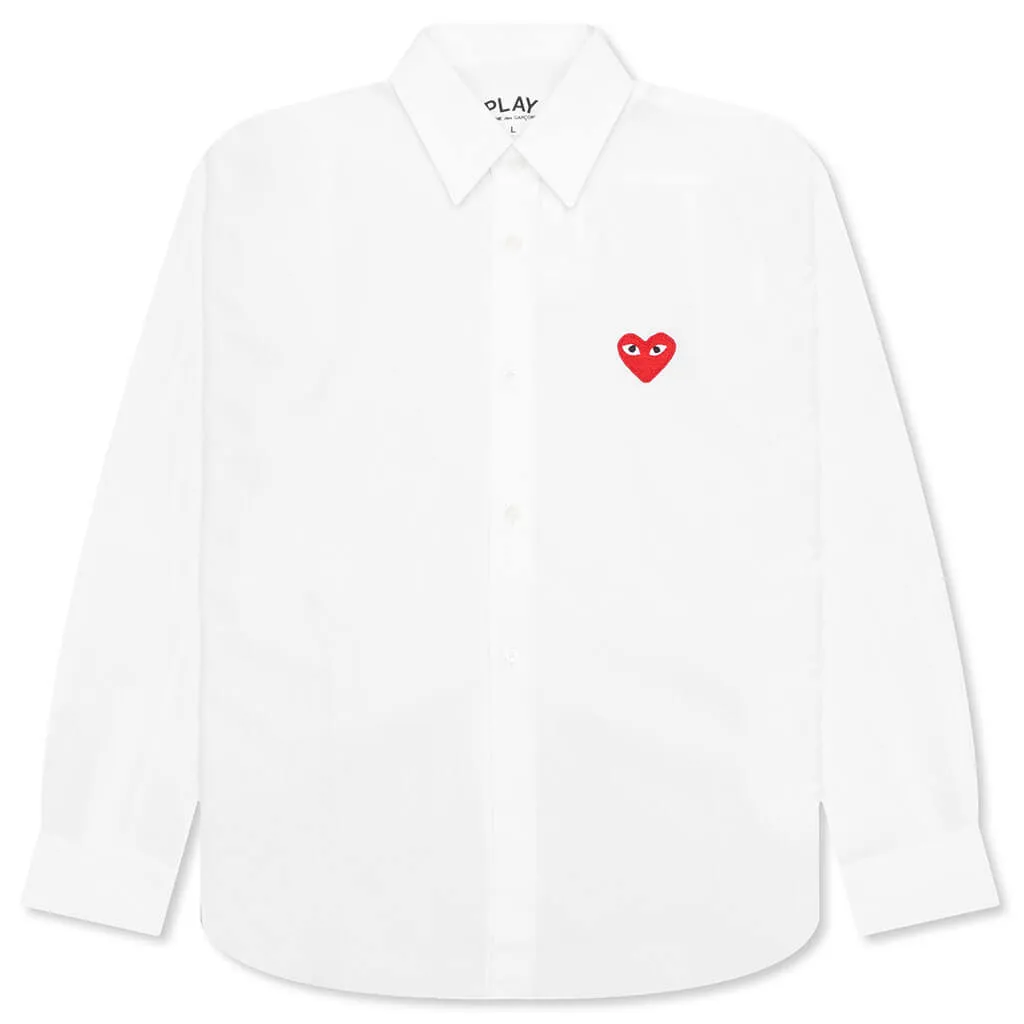 Red Heart Print White Button-Up for Women